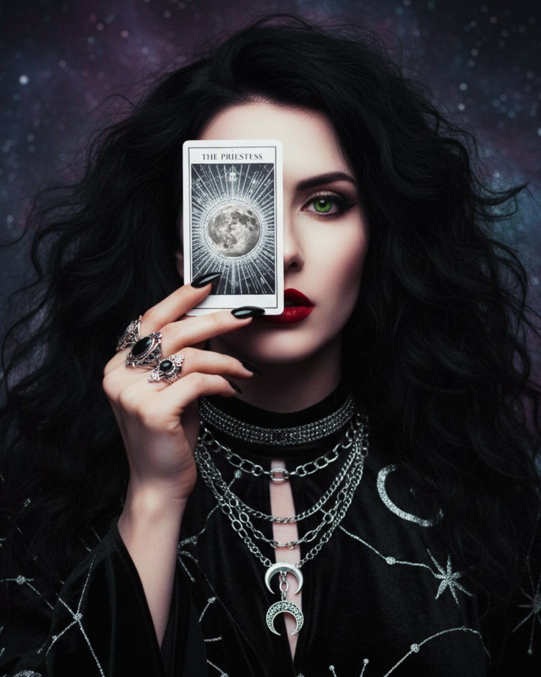 Woman holding a tarot card with a mystical design against a dark, starry background
