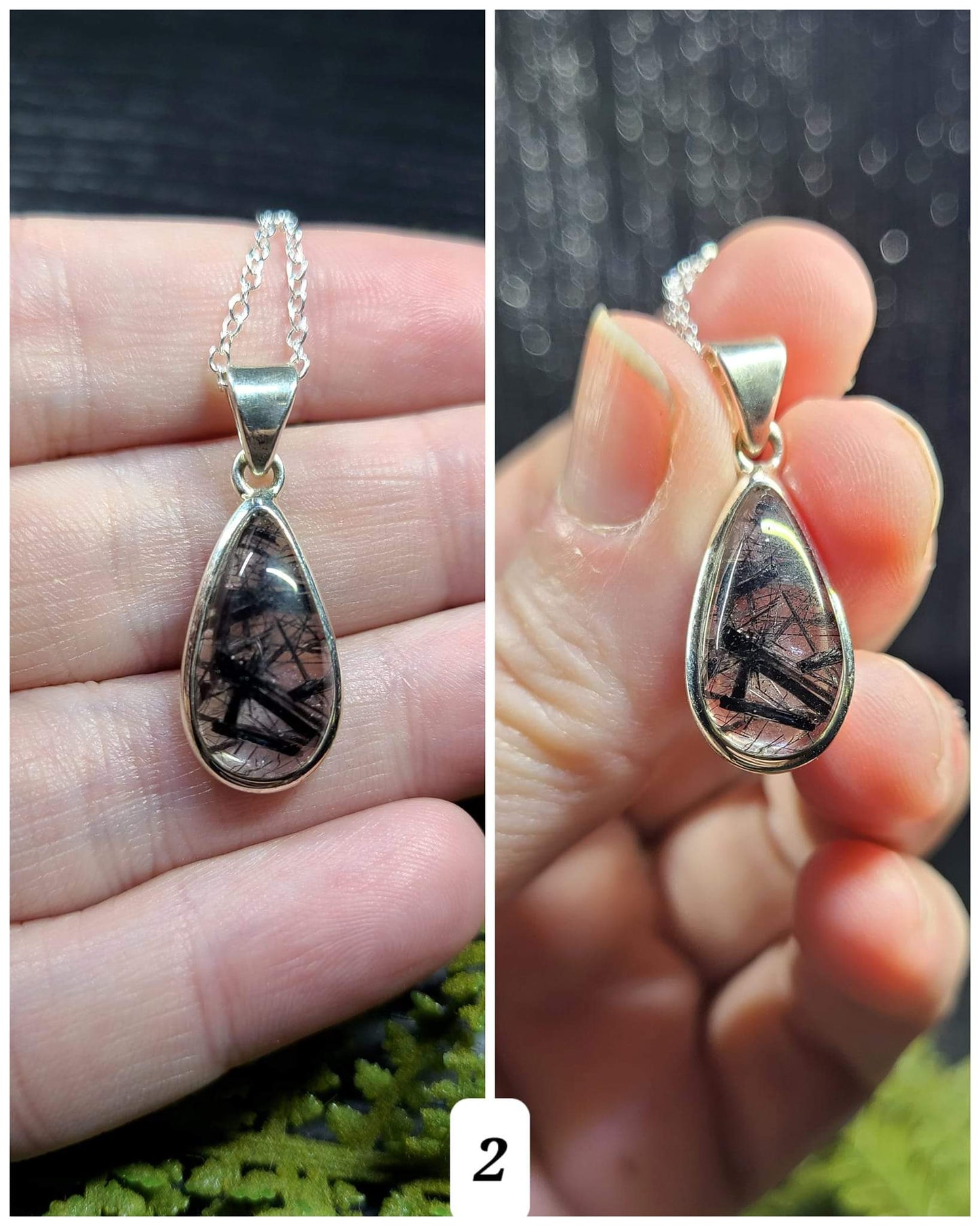 Black Tourmaline in Quartz Teardrop - Sterling Silver Necklaces