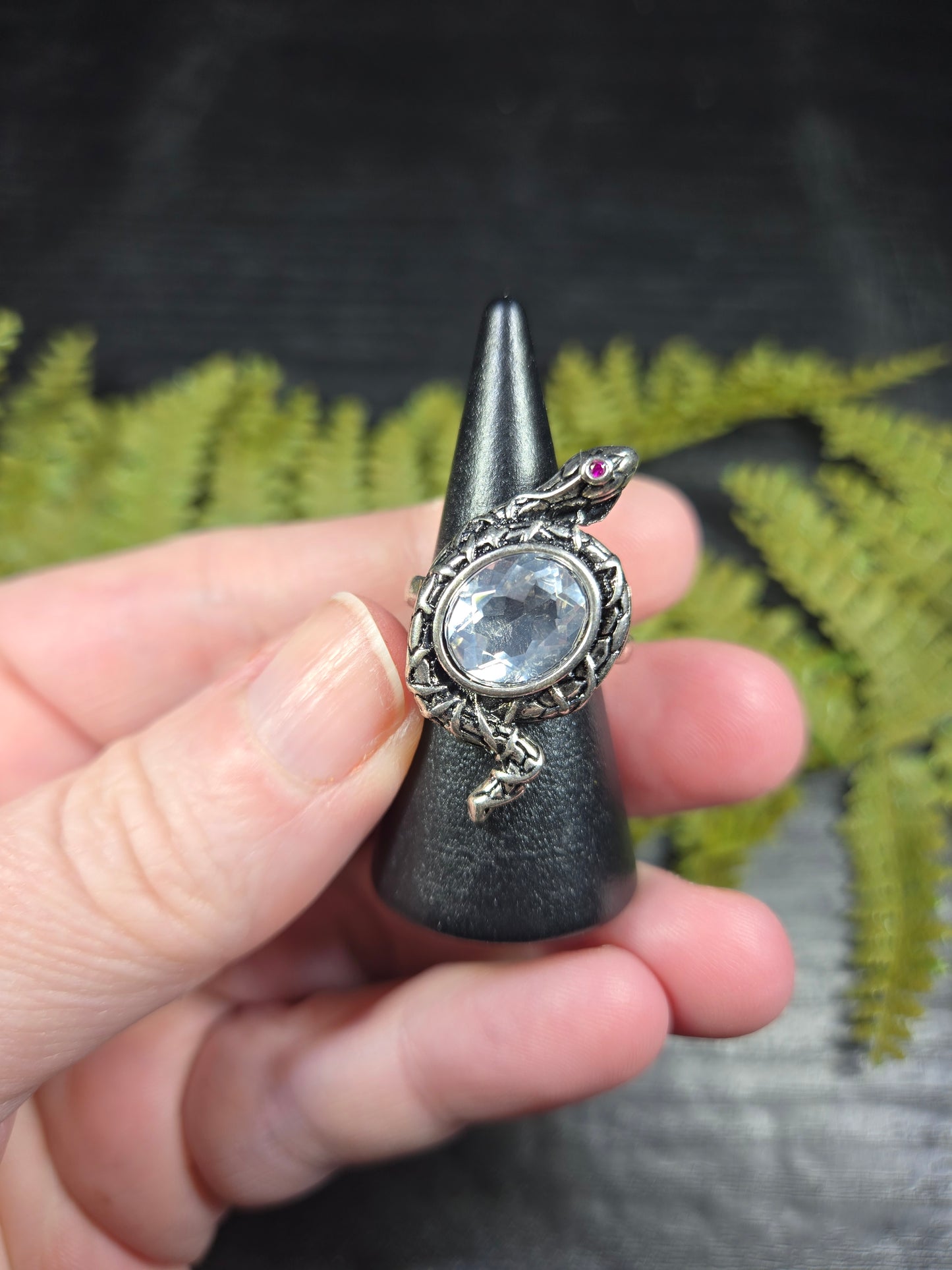 Faceted Clear Quartz & Snake Adjustable Ring