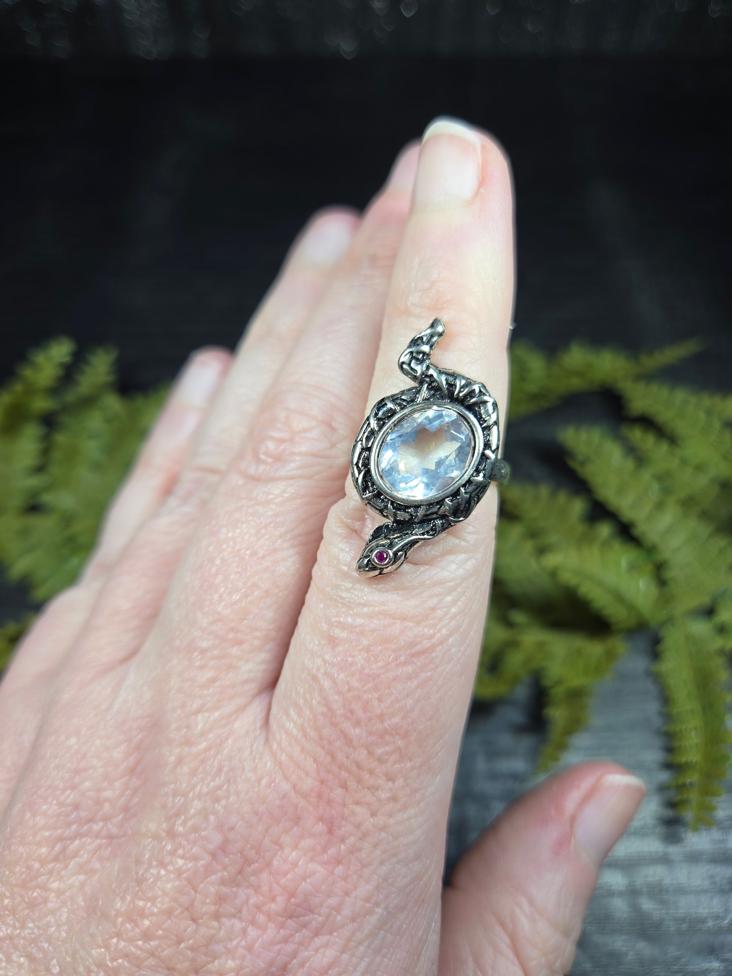 Faceted Clear Quartz & Snake Adjustable Ring