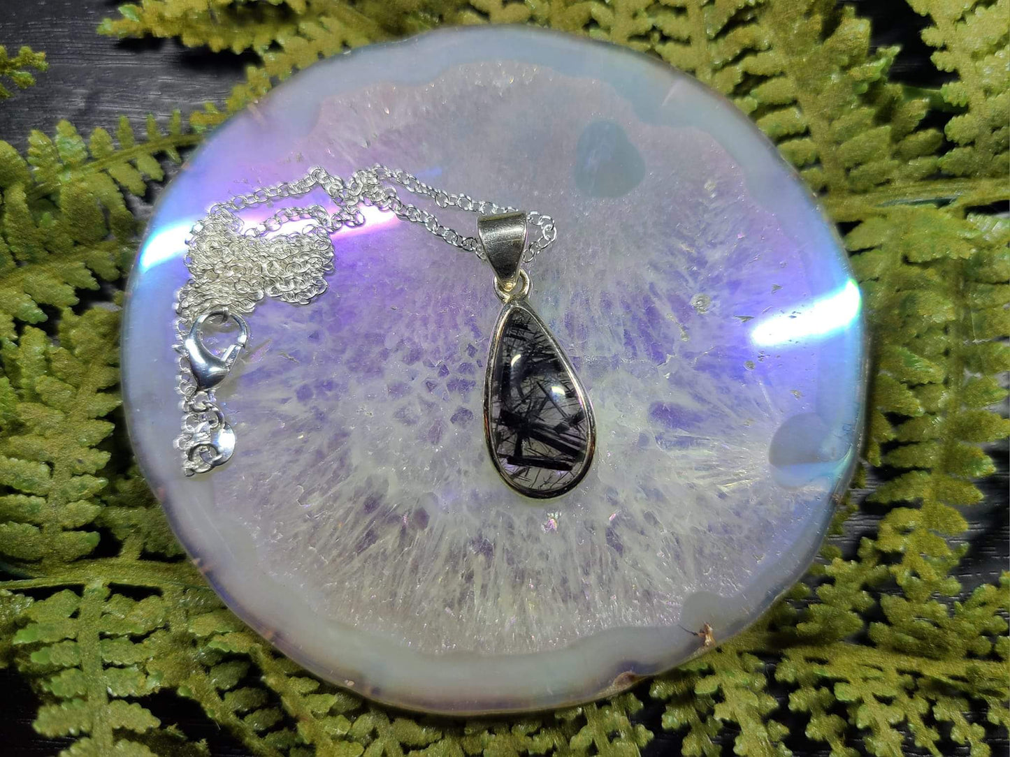 Black Tourmaline in Quartz Teardrop - Sterling Silver Necklaces