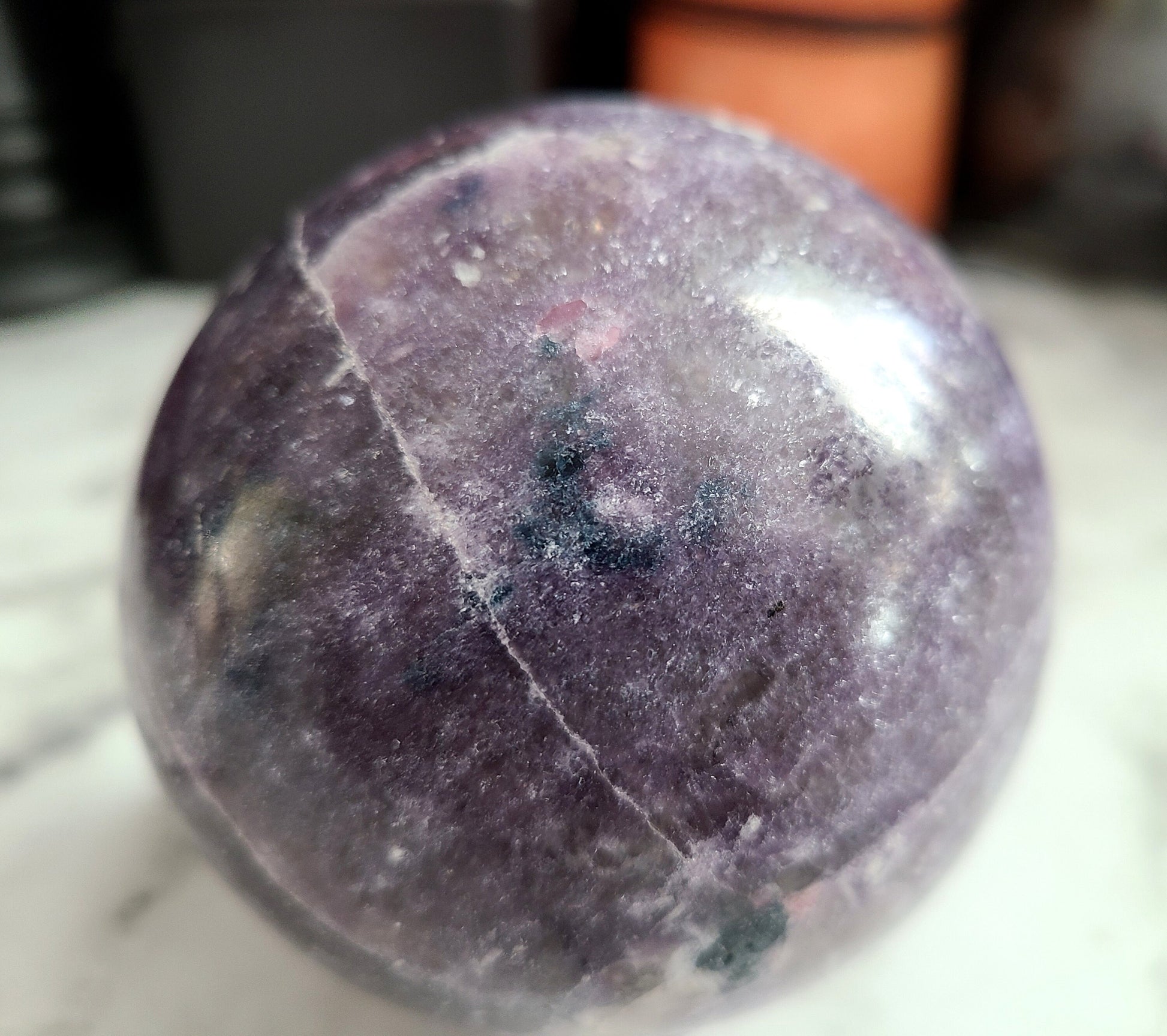 Lepidolite / Unicorn Stone Sphere | High quality, Smokey Quartz, Pink tourmaline, Blue Tourmaline inclusions, XL, Large