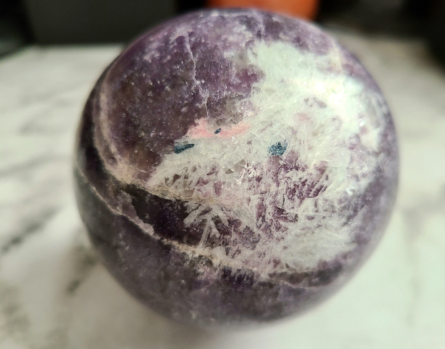 Lepidolite / Unicorn Stone Sphere | High quality, Smokey Quartz, Pink tourmaline, Blue Tourmaline inclusions, XL, Large