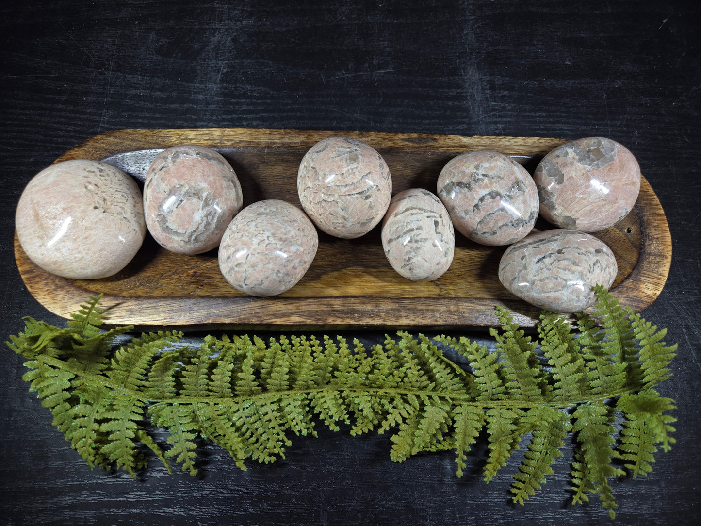 Peach moonstone & smokey quartz palm stones