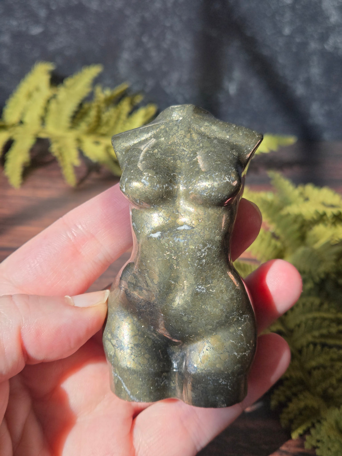 pyrite feminine goddess body carving in sunlight surrounded by green ferns against a black slate background. 