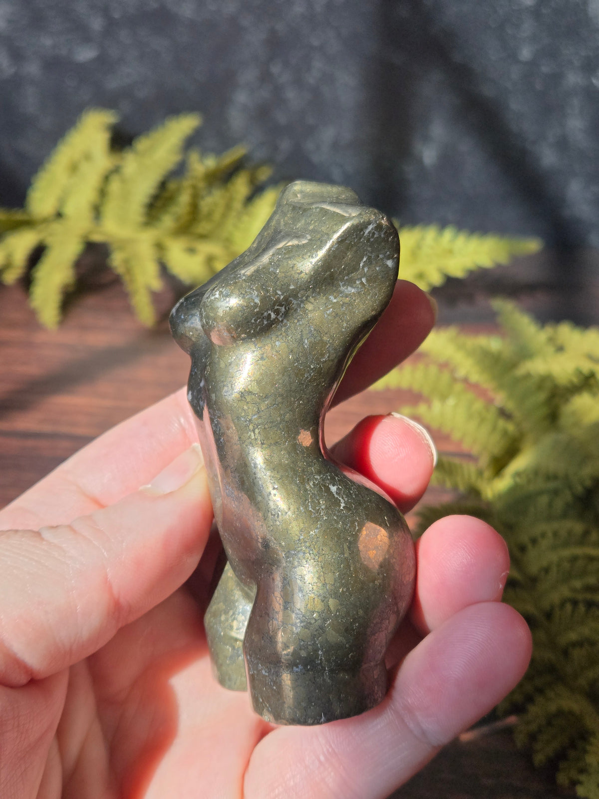 pyrite feminine goddess body carving in sunlight surrounded by green ferns against a black slate background. 