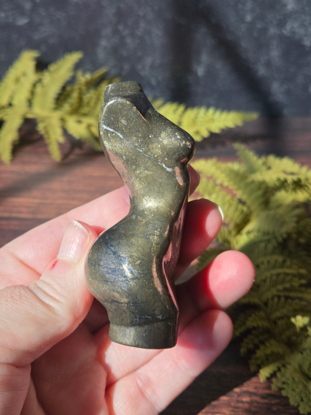 A hand holding a pyrite feminine goddess body carving in sunlight surrounded by green ferns against a black slate background. 