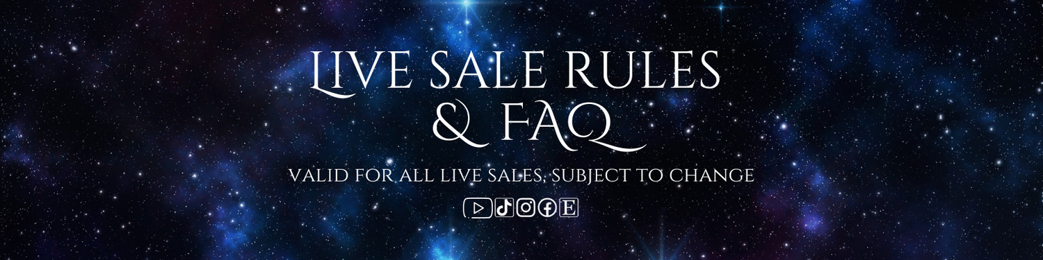 A starry background with white text: Live sale rules & FAQ, valid for all live sales. Subject to change. This is for Dark Star Curiosities live sales on Social media.