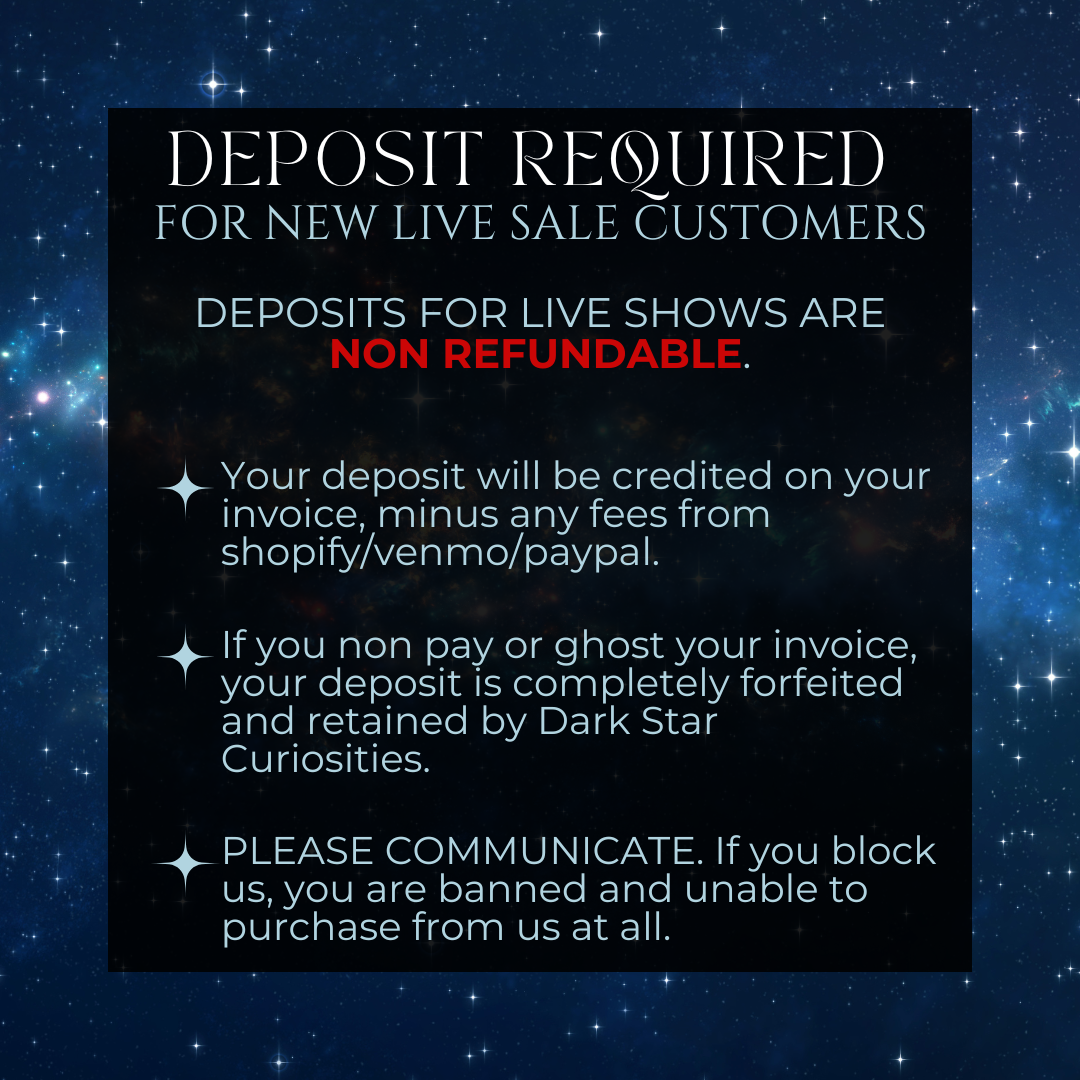 A starry background with white text: Live Deposit information. This is for Dark Star Curiosities live sales on Social media.