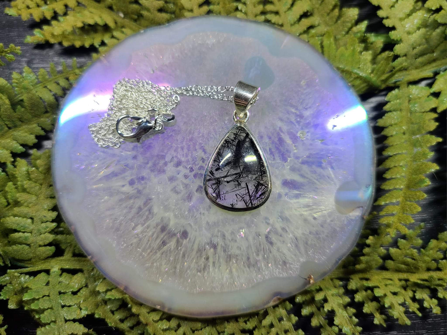 Black Tourmaline in Quartz Teardrop - Sterling Silver Necklaces