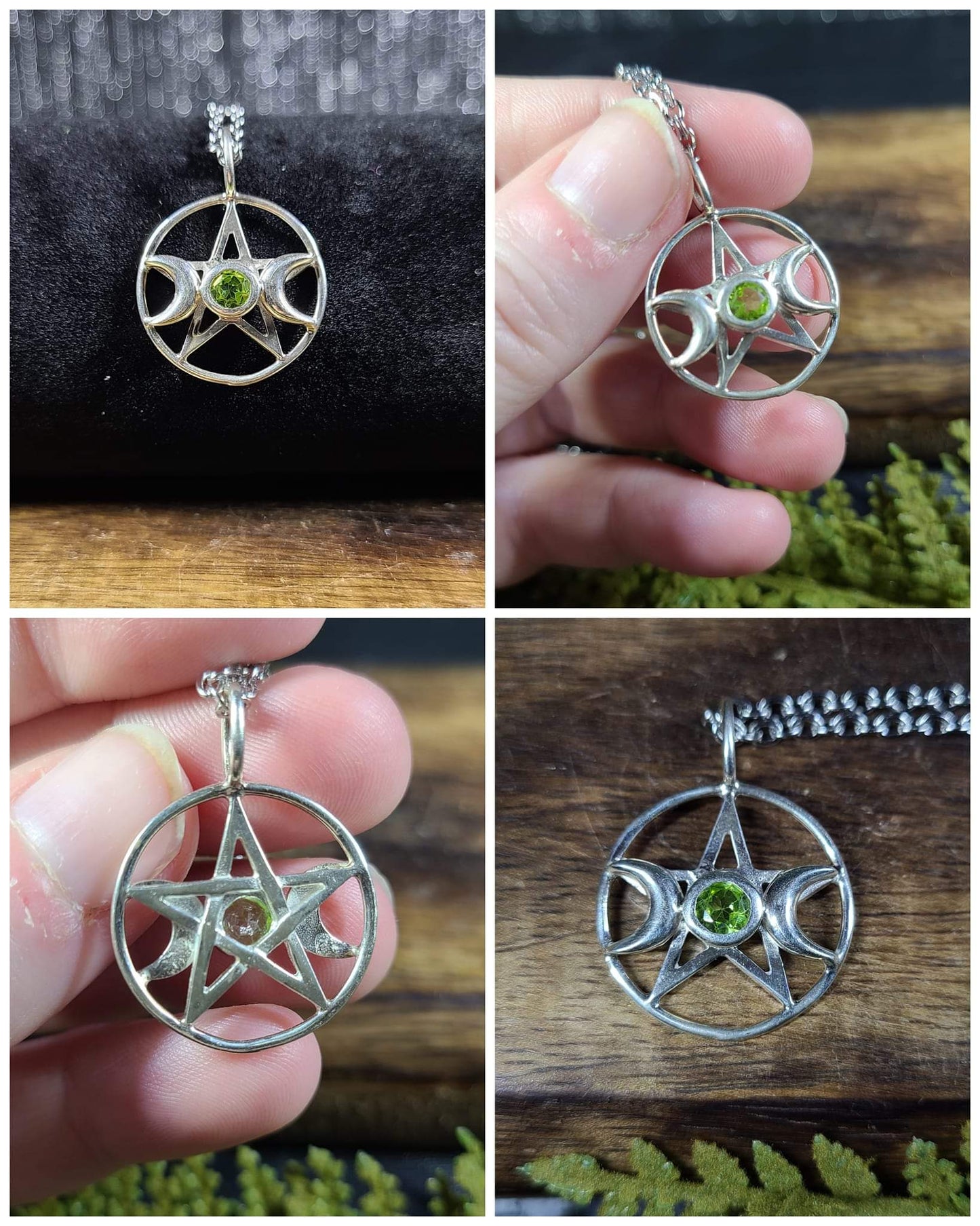 Sterling Silver Pentacle and Triple Moon with Gemstone Necklaces