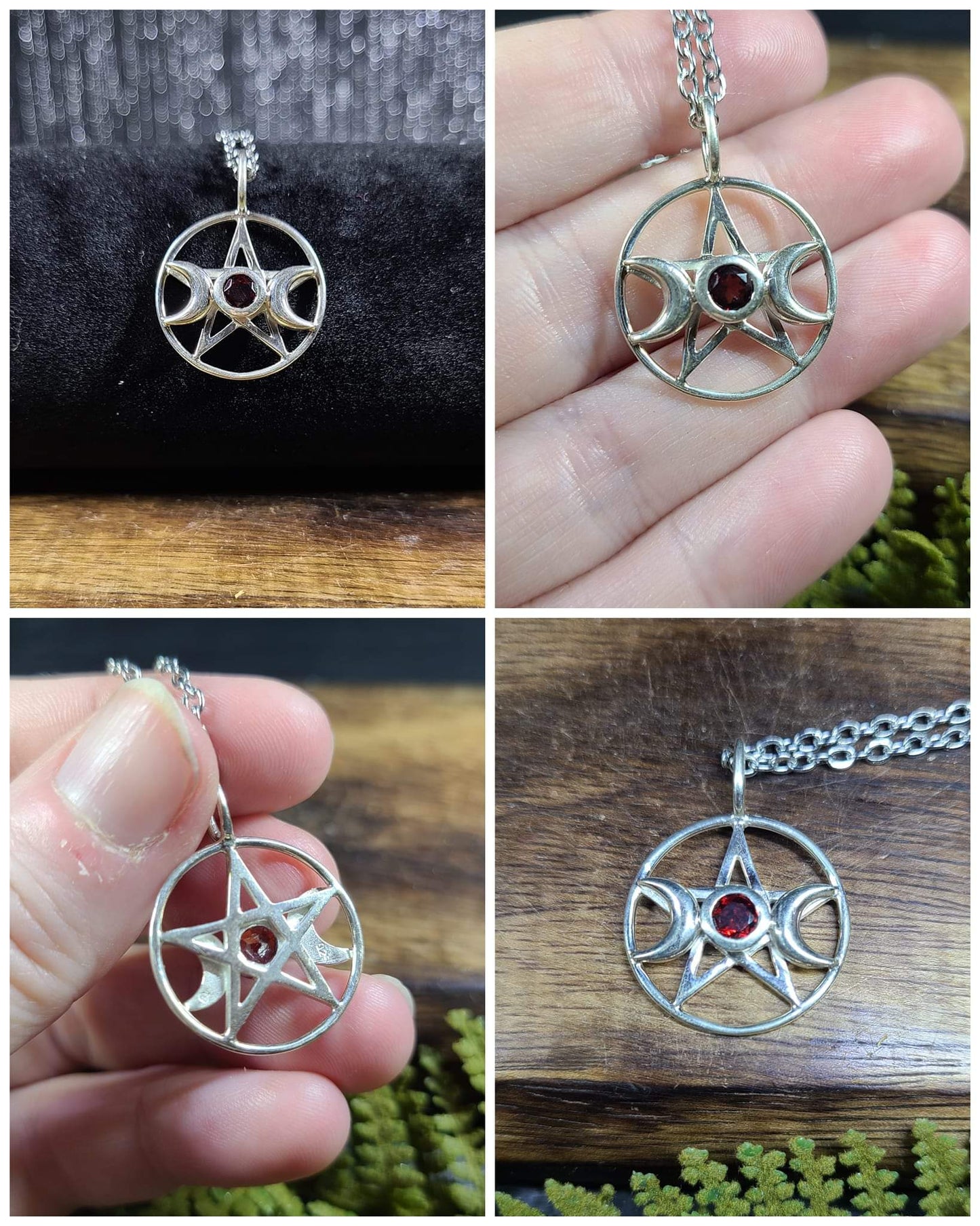 Sterling Silver Pentacle and Triple Moon with Gemstone Necklaces