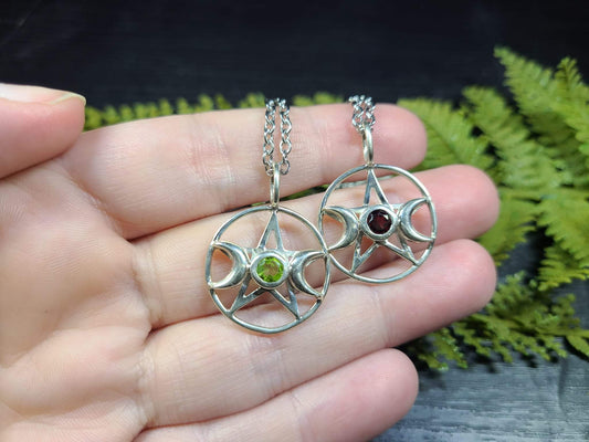 Sterling Silver Pentacle and Triple Moon with Gemstone Necklaces