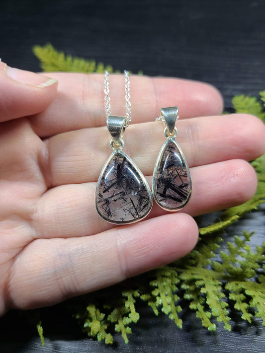 Black Tourmaline in Quartz Teardrop - Sterling Silver Necklaces