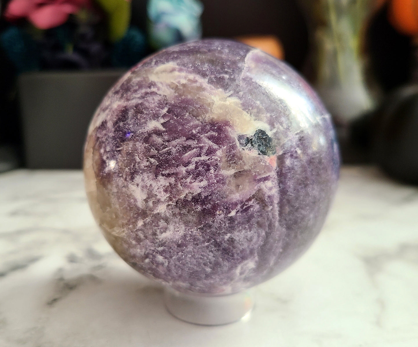 Lepidolite / Unicorn Stone Sphere | High quality, Smokey Quartz, Pink tourmaline, Blue Tourmaline inclusions, XL, Large