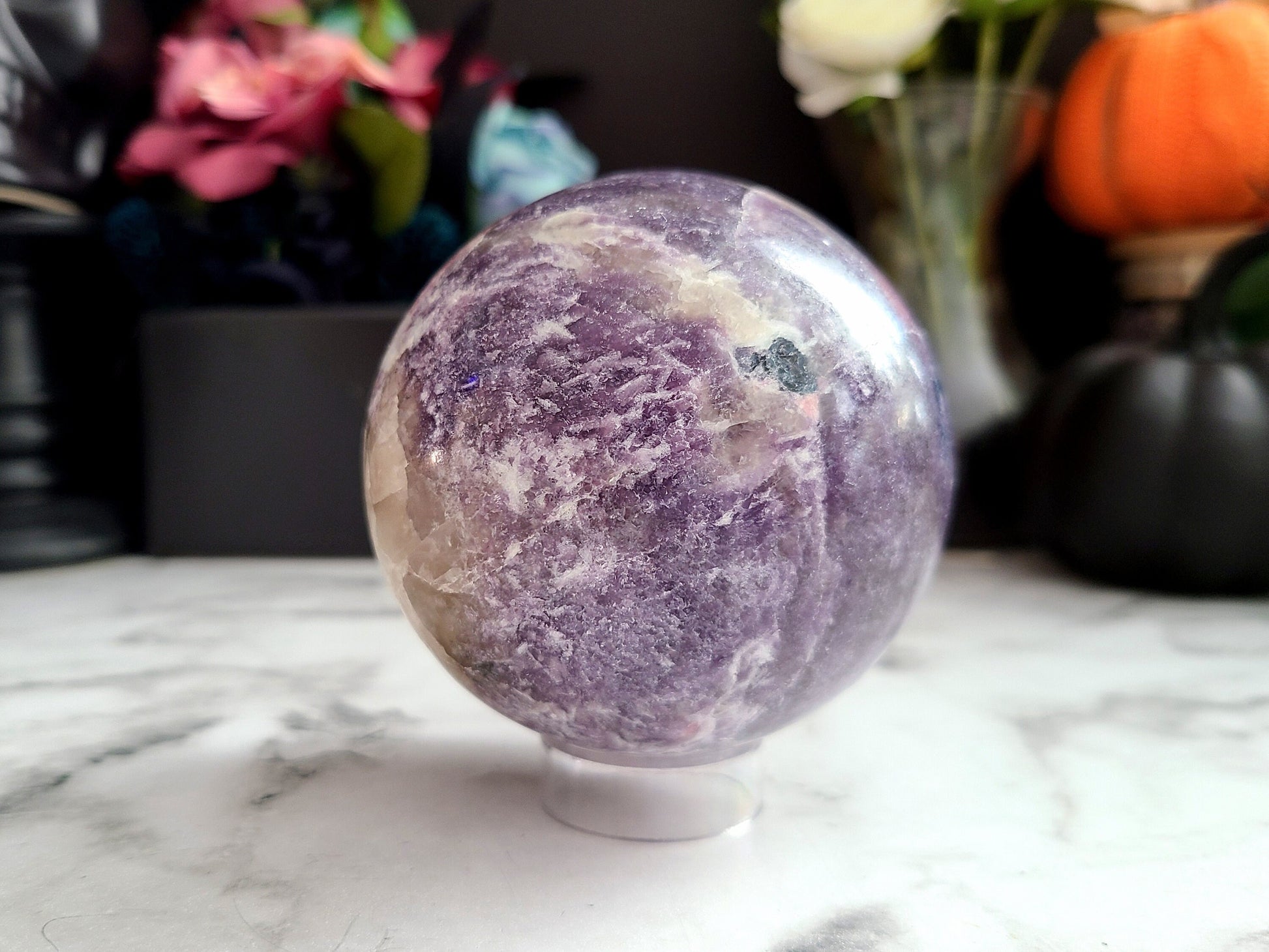 Lepidolite / Unicorn Stone Sphere | High quality, Smokey Quartz, Pink tourmaline, Blue Tourmaline inclusions, XL, Large