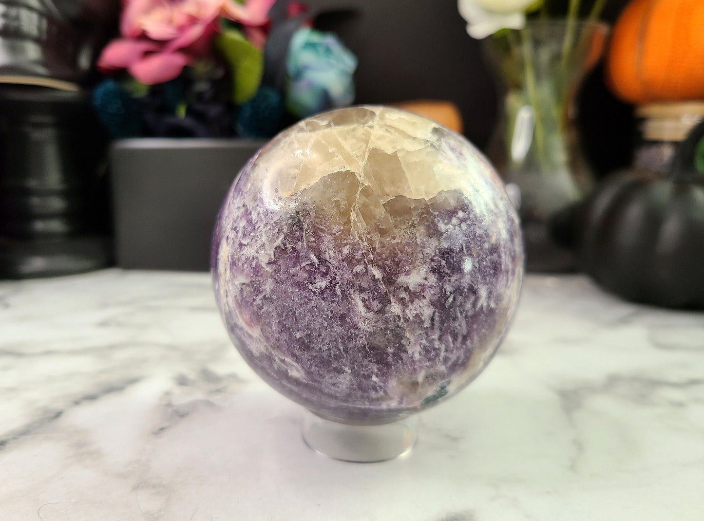 Lepidolite / Unicorn Stone Sphere | High quality, Smokey Quartz, Pink tourmaline, Blue Tourmaline inclusions, XL, Large